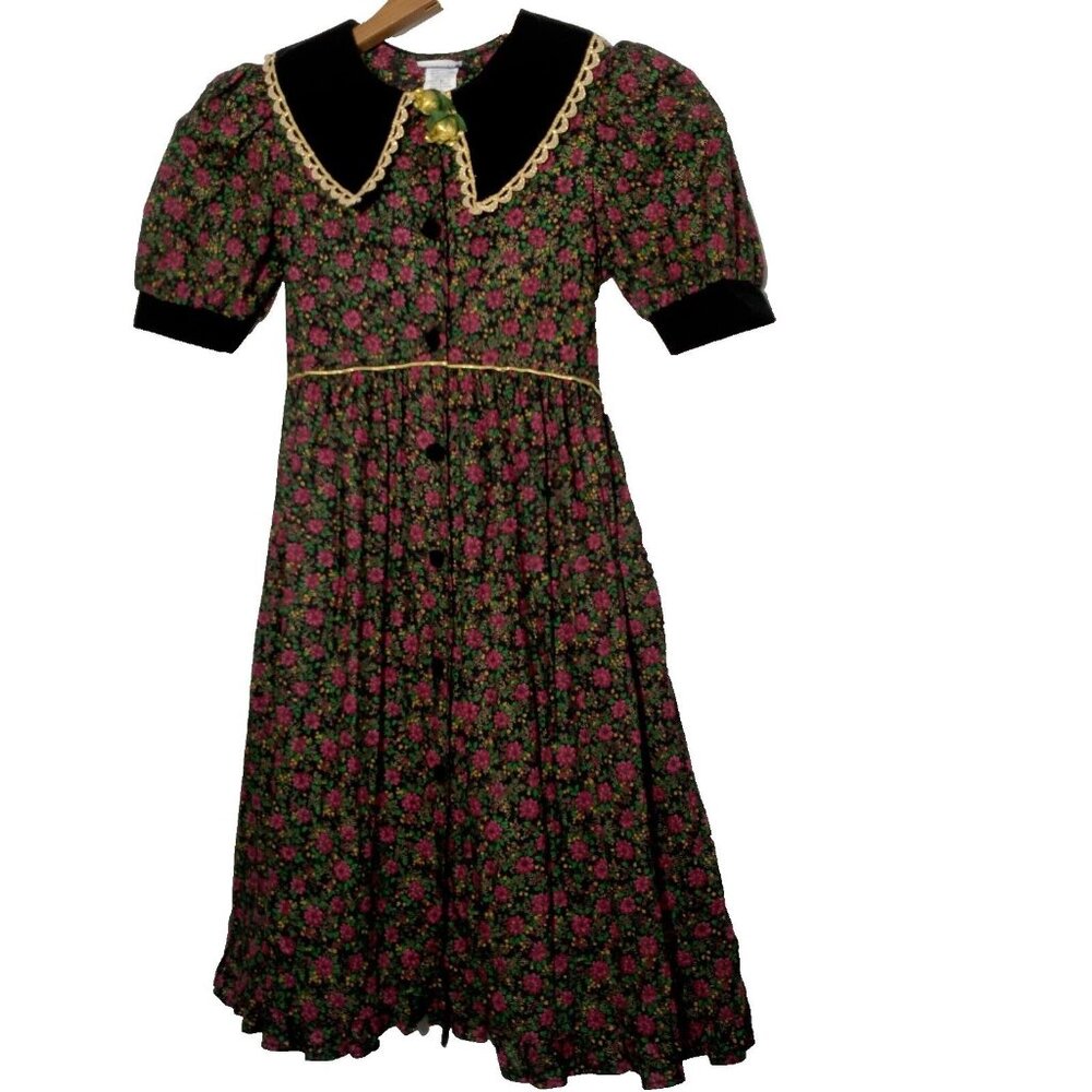 Thomas Dress Size 6X Vintage Purple Floral Long Sleeve Velvet Collar Gold Trim